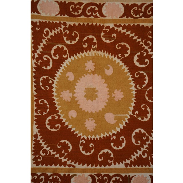 Uzbek Suzani: Rust & Pink Embroidered Cotton Textile 4'3'' X 4'4'' For Sale - Image 10 of 12