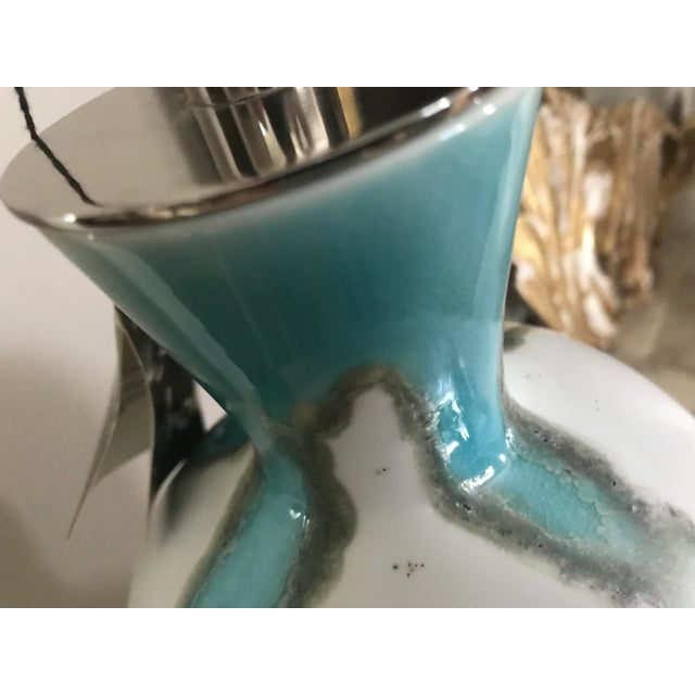 John-Richard John Richard Ceramic Gourd Lamp With Aqua Drip on Lucite Base For Sale - Image 4 of 10