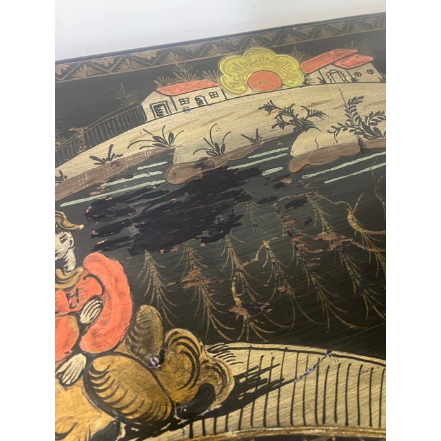 Early 20th Century Chinoiserie Black Hand-Painted, Trestle Coffee Table For Sale - Image 6 of 12