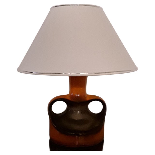 Table Lamp With Ceramic Stem In Orange and Brown & Creamy White Shade, 1970s For Sale