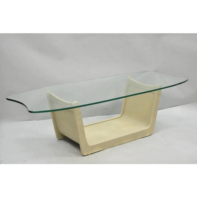 Vintage Mid Century Modern Painted Walnut Waterfall Base Shaped Glass Top Surf Board Coffee Table. Circa Mid 20th Century....