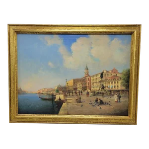 Framed Italian Street Canal Scene Oil Painting by Nicholas Briganti