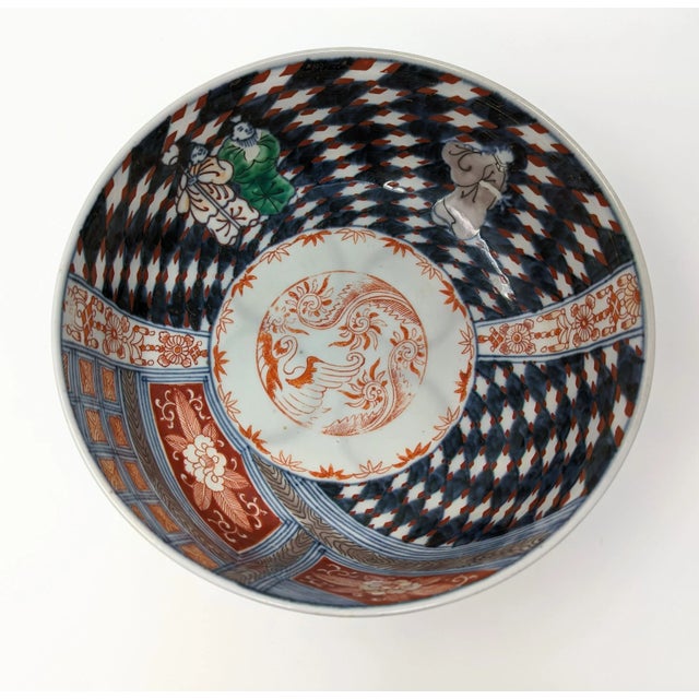 Blue Antique Japanese or Chinese Large Hand Painted Imari Porcelain Bowl Blue White Red For Sale - Image 8 of 10