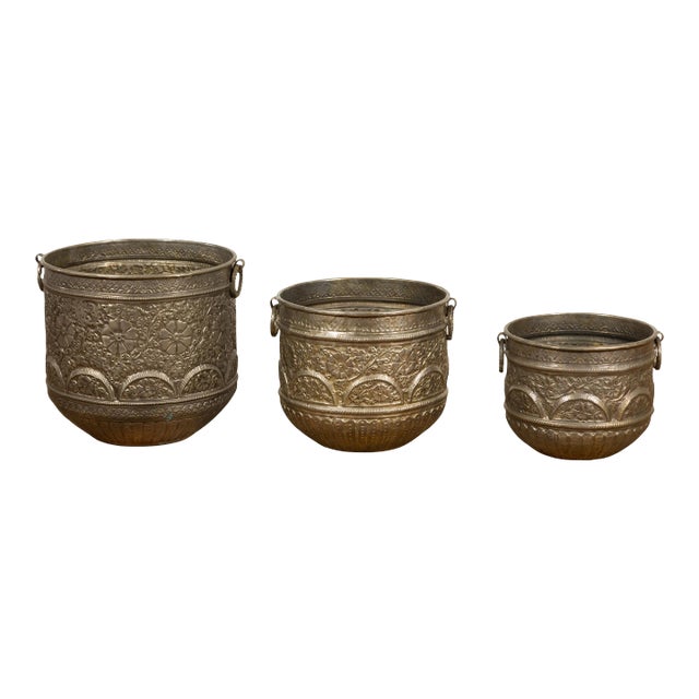 Vintage Indian Nested Silver over Brass Vessels with Repoussé Floral Décor - Set of 3 For Sale