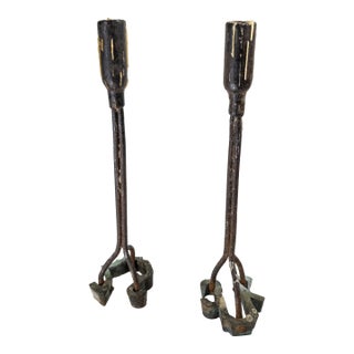 Mid-Century Pair of Brutalist Wrought Iron Blacksmith Cattle Brand Candlesticks For Sale
