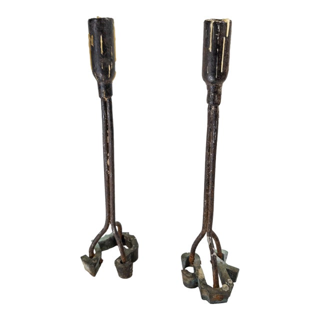 Mid-Century Pair of Brutalist Wrought Iron Blacksmith Cattle Brand Candlesticks For Sale