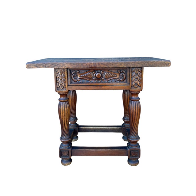 Spanish Renaissance Revival Oak Side Table with Drawer, 1920s For Sale - Image 9 of 9