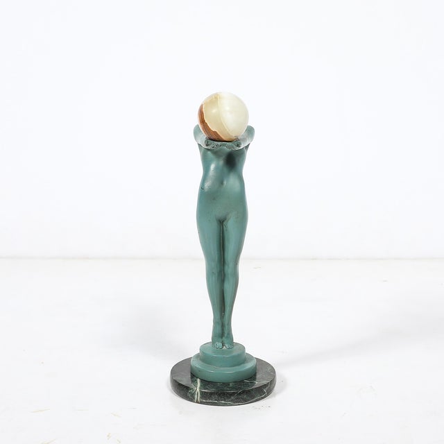Max Le Verrier Art Deco Sculptural Onyx & Veria Green Marble Nude Flapper Signed Max Le Verrier For Sale - Image 4 of 17