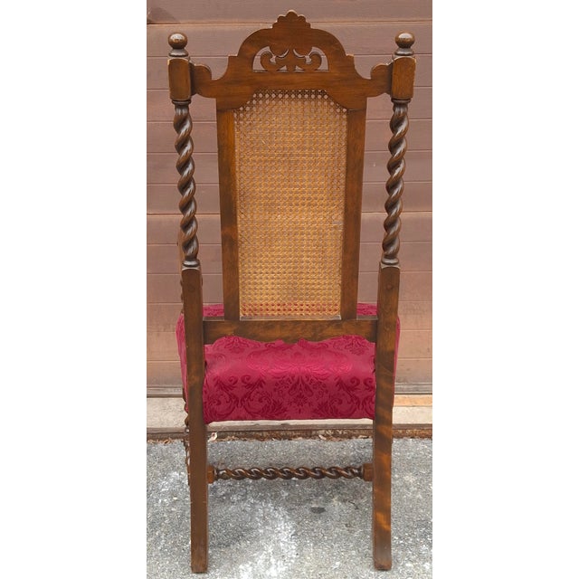 Early 20th C. Jacobean Style Barley Twist Oak, Cane & Upholstered Seat Armchair For Sale - Image 4 of 9