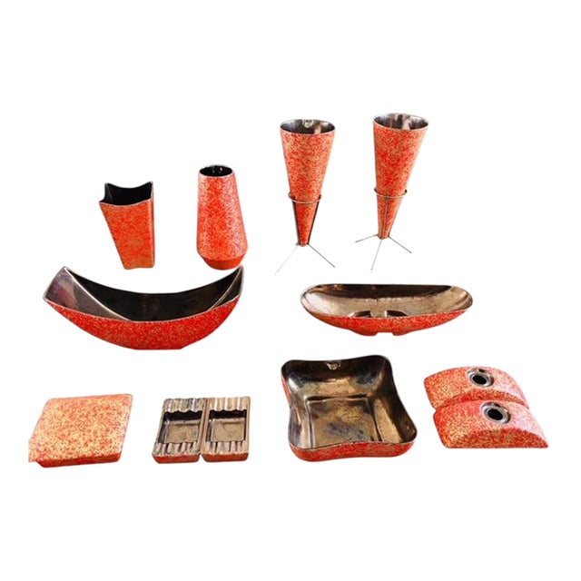 MCM Shawnee Kenwood Kashani Pottery, 14-Pcs, Red-Gold, Labels, Collectible For Sale