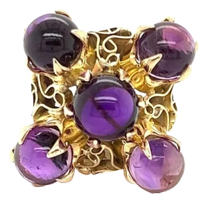 Cabochon Amethyst 14k Yellow Gold Large Cocktail Ring, Size 7.75