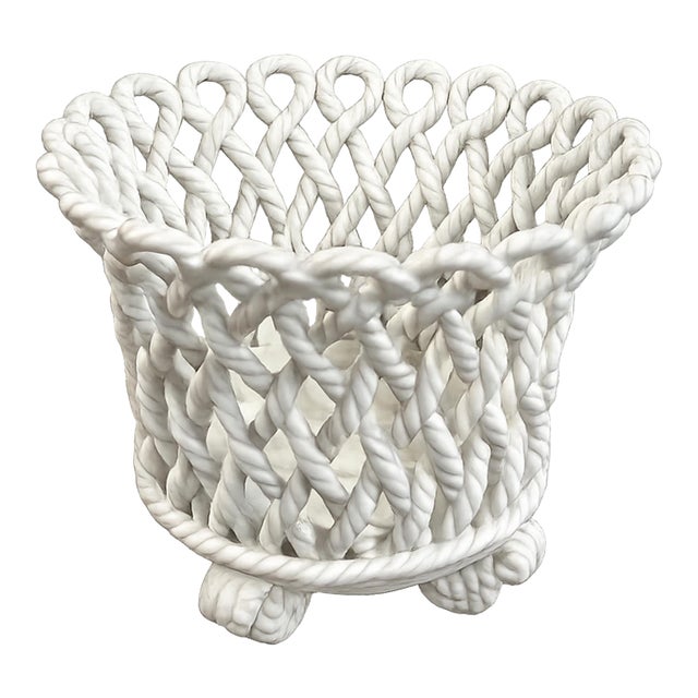 Spanish Glazed Rope Basket Cachepot With Knot Feet - 20th Century For Sale