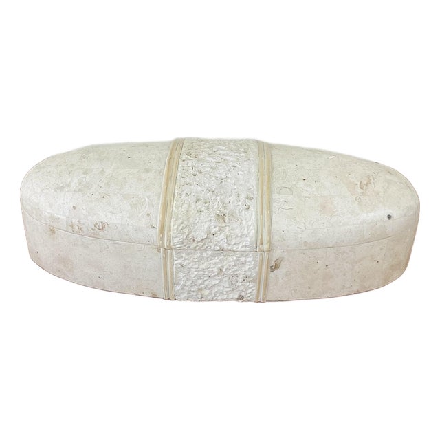 Vintage 1980s Tessellated Stone & Reed Oval Lidded Box / Maitland Smith Style For Sale