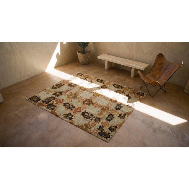 1890s Camel Floral Antique European English Needlepoint Rug 4'8" X 5'6" Woven Wool Carpet For Sale - Image 12 of 12