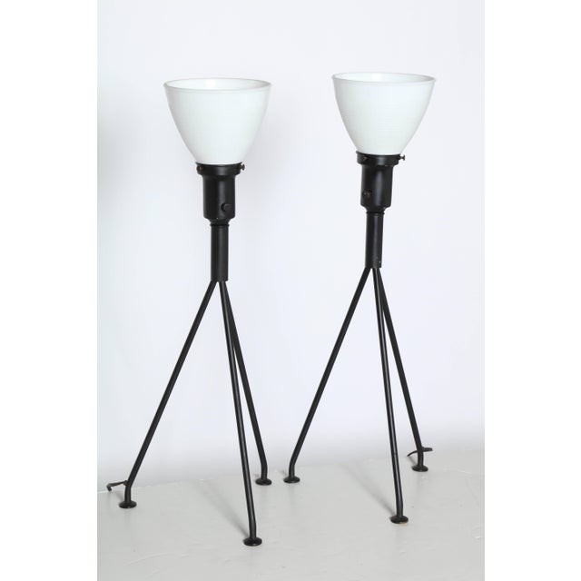 1950s Gerald Thurston Attributed Iron Tripod Table Lamps With White Glass Shades - A Pair For Sale - Image 6 of 10