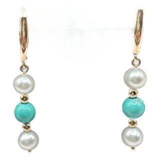 Turquoise & Pearl Drop Earrings in 14kt Yellow Gold - 2.9g, Lever Backs, New, A Pair For Sale