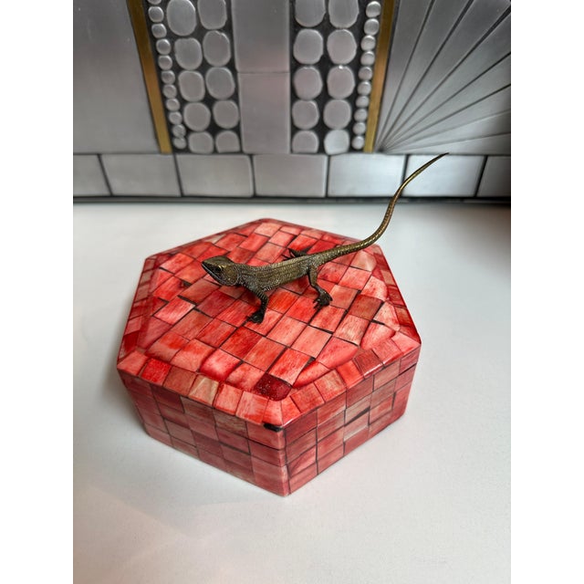 Small jewelry box in red dyed tessellated bone in the style of Karl Springer