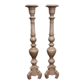 French Baroque Style Taupe Distressed Painted Solid Wood Floor Candlesticks/Plant Stands, a Pair For Sale