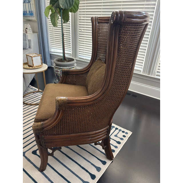 Wood Lane Venture Carved Faux Bamboo Handwoven Caning Wingback Chair Usa For Sale - Image 7 of 11