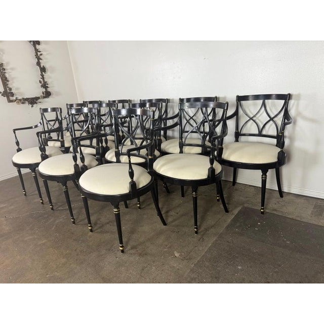 Traditional Set of Twelve Regency-Style Ebonized Dining Chairs With Linen Seats For Sale - Image 3 of 11