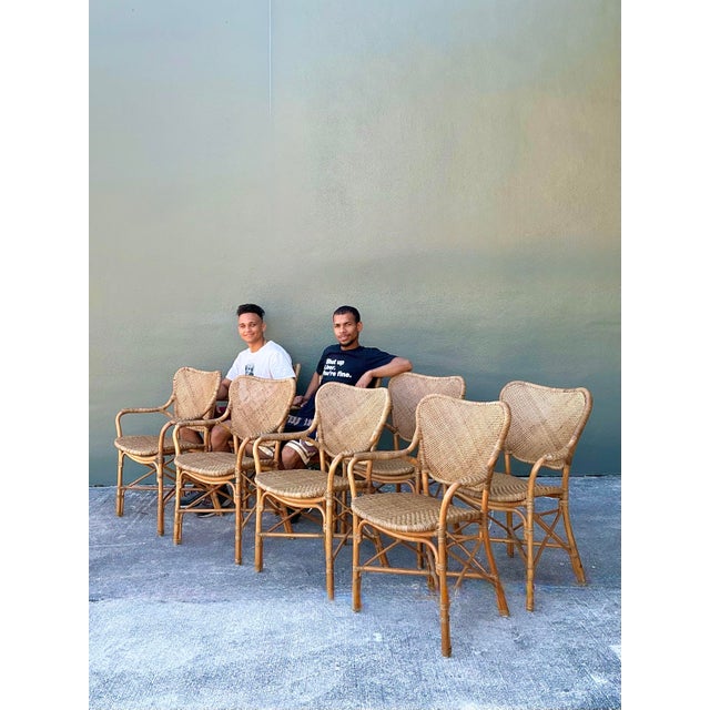 Tan Vintage Palecek Woven Rattan “ Jordan” Dining Chairs - Set of 8 For Sale - Image 8 of 12