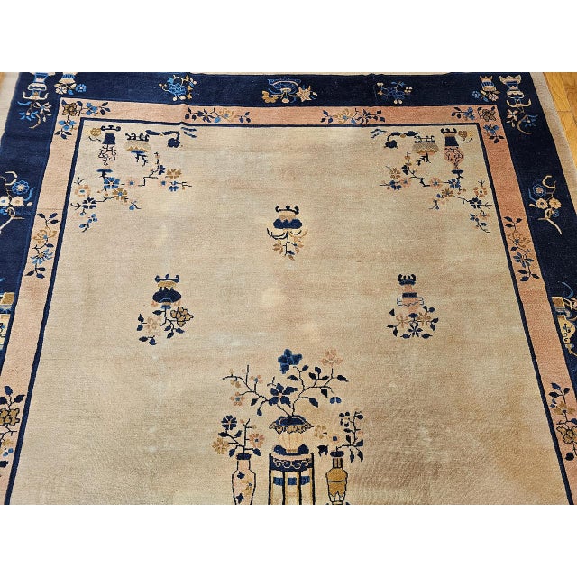 Antique Chinese Peking Rug, Hand-Knotted Wool Pile, Pale Tan & Blue, 9' x 12' For Sale - Image 13 of 18