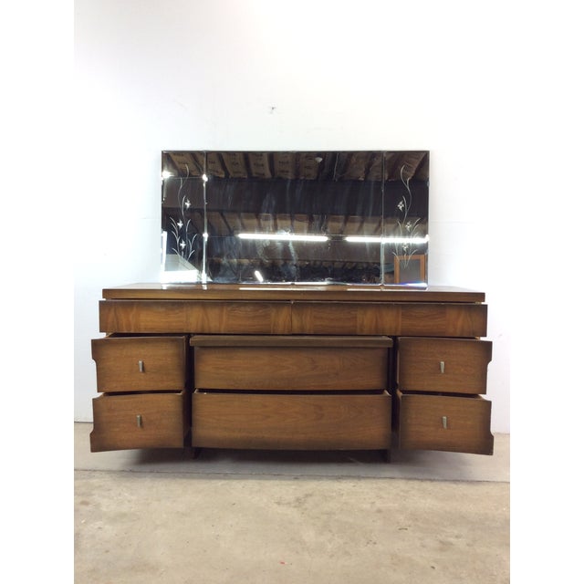 Wood Mid Century Modern 9 Drawer Lowboy Dresser With Sled Legs and Large Mirror For Sale - Image 7 of 12