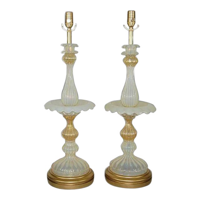 Vintage Murano White Opaline Glass Lamps For Sale