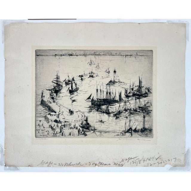 "Snug Harbor" Etching of a Romantic Harbor Scene 1928 Tall ships in a "Snug Harbor" by Armin Carl Hansen (American,...