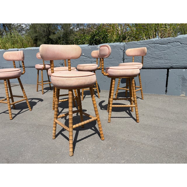 Wood Faux Bamboo Swivel Barstools, Wood, Stools For Sale - Image 7 of 16