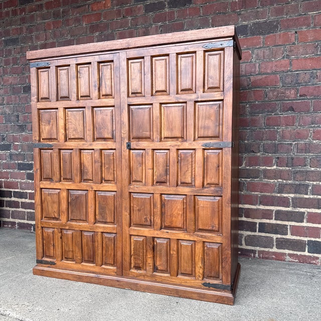 Belgian Brutalist Oak Cabinet W/ Wrought Iron Hinges – Paneled Doors, 62.75”h For Sale - Image 4 of 11