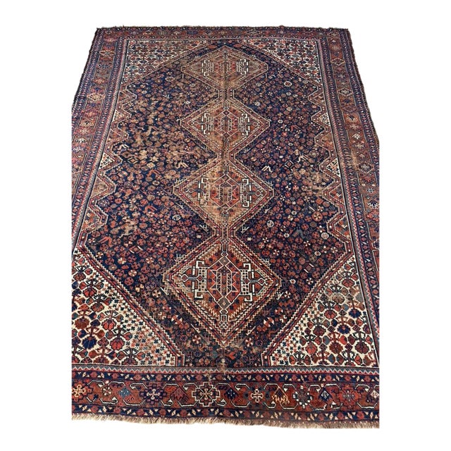 1920s Southwest Persian Khamseh Deep Blues, Amber, Peacock Green Rug 7.8 x 9 For Sale