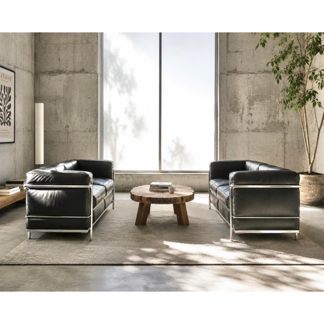 Matching pair of lc2 two-seater sofas designed in 1929 by le corbusier, charlotte perriand and pierre jeanneret. produced...