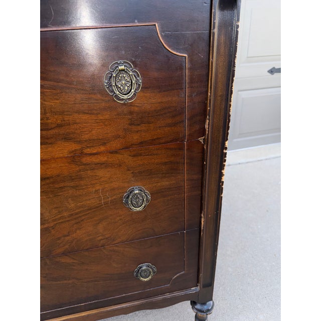 John Widdicomb Rare 1925-Dated John Widdicomb French Provincial Tall Dresser Commode Burl Walnut Veneer, Floral Accents, Ornate Brass Ring Pulls, Cabriole Legs For Sale - Image 4 of 12