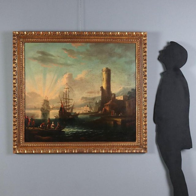 Oil on canvas. 18th-century French school. View of a harbor near a white city, with ships anchored offshore and lifeboats...