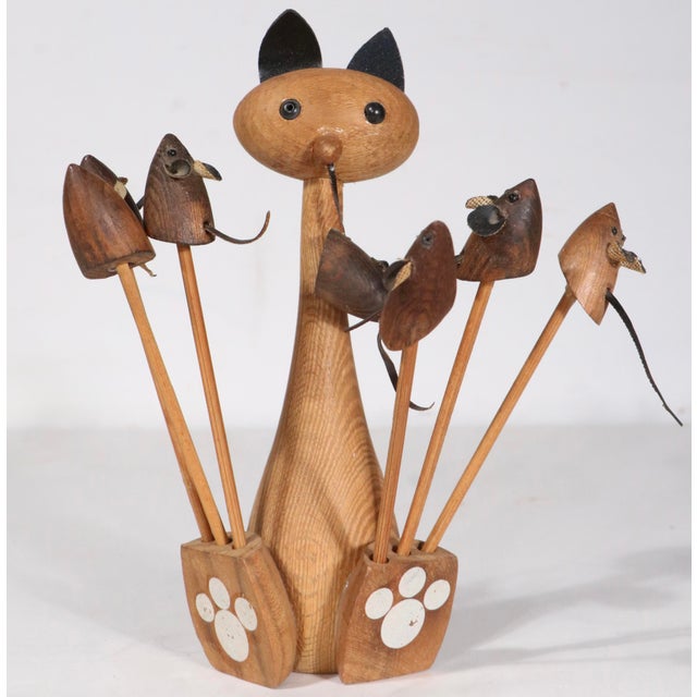 Brown Mid 20th Century Wood Cat and Mouse Cocktail Hor d'Oeuvres Set For Sale - Image 8 of 9
