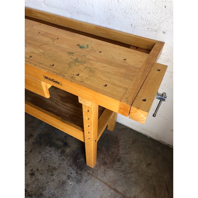 1990s Vintage White Gate Distressed Woodworking Bench For Sale - Image 5 of 13