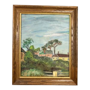 Vintage Tuscan Village Landscape Rustic Oil Painting