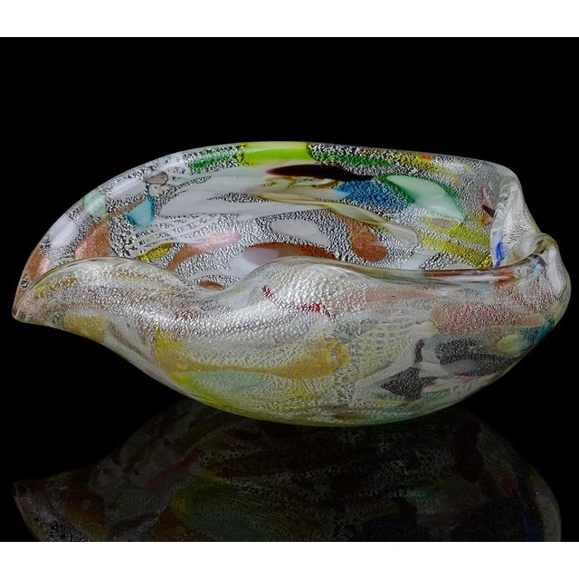 Murano Vintage Murano Silver Leaf Confetti Cut Canes Ribbons Italian Art Glass Decorative Heart Shape Bowl For Sale - Image 4 of 13
