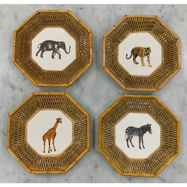 Ceramic Safari Animal Salad Plates W/ Rattan & Bamboo Borders Set of 4 - Attrib. To Raymond Waites - Palm Beach Regency, Safari Entertaining - See Pics! For Sale - Image 7 of 8
