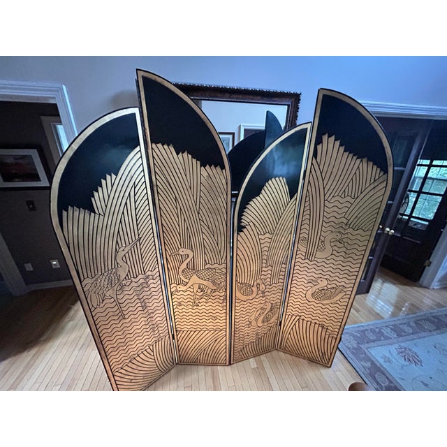 Vintage Large 1980s Art Deco Revival Gilt & Black Lacquer Four-Panel Folding Screen / Room Divider For Sale In New York - Image 6 of 7