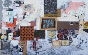 Contemporary Abstract Mixed-Media Assemblage with Checkerboard on Canvas by Michael Pauker