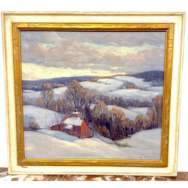 Wood George Lingle Wilstach (American, 1892–1973) Winter Hillside with Red Barn For Sale - Image 7 of 9