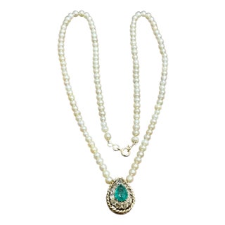 120 Years Old GIA Certified Natural Basra Pearls & Emerald Necklace 14KY Gold For Sale