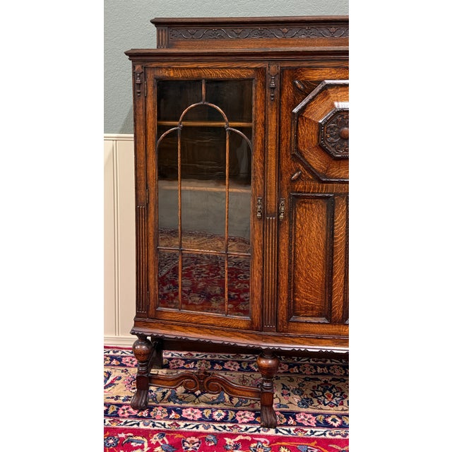 Antique English Jacobean Bookcase Bow Front Cabinet Triple Door Oak C1930s For Sale In Dallas - Image 6 of 18