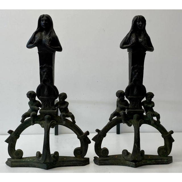 Mid 19th Century Cast Iron Figural Nude, Cherub and Lions Head Andirons For Sale - Image 12 of 12