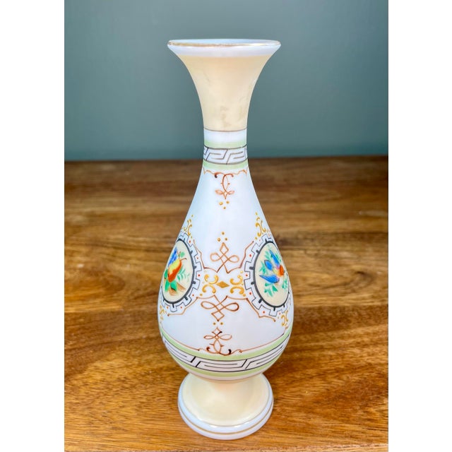 Victorian Antique Opaline Hand-Painted Art Glass Vase For Sale - Image 3 of 6