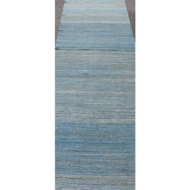 Flat-weave Kilim runner with Minimalist modern design in shades of blue, Green and Taupe, Keivan Woven Arts rug AFG-31974,...
