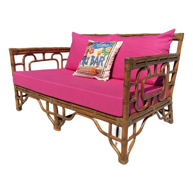 Vintage Rattan Chinoiserie Loveseat, New Pink Linen Upholstery For Sale