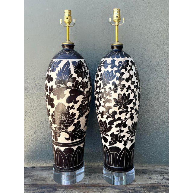 Metal Vintage Matte Glazed Ceramic Floral Lamps - A Pair For Sale - Image 7 of 12